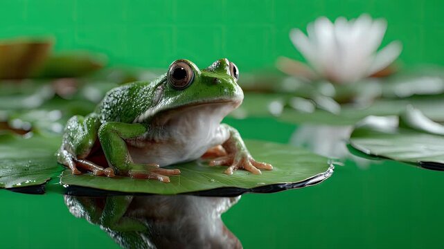 Green frog sits on lily pad with water reflection and blurred background
