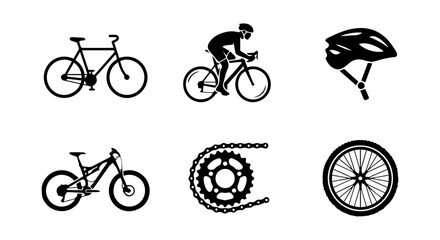 Obraz premium Bicycle Icons Set: Cyclist Silhouette, Mountain Bike, Road Bike, Helmet, Chainring, Wheel
