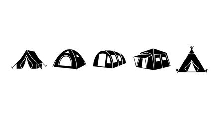Camping Tent Icons Set, Outdoor Shelter Vector Graphics, Diverse Styles, Black and White © Khusbo