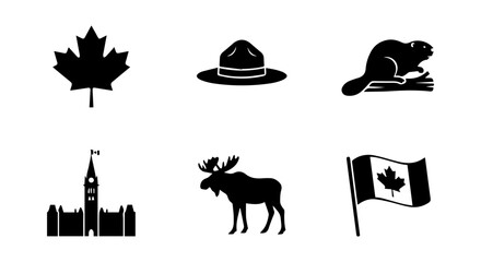 Obraz premium Canadian Icons Set: Maple Leaf, RCMP Hat, Beaver, Parliament, Moose, Flag Vector Graphics