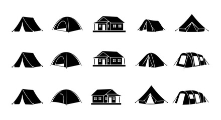Camping Tent Icons, Outdoor Shelter Vector Set, Glamping and Hiking Gear Collection © Khusbo
