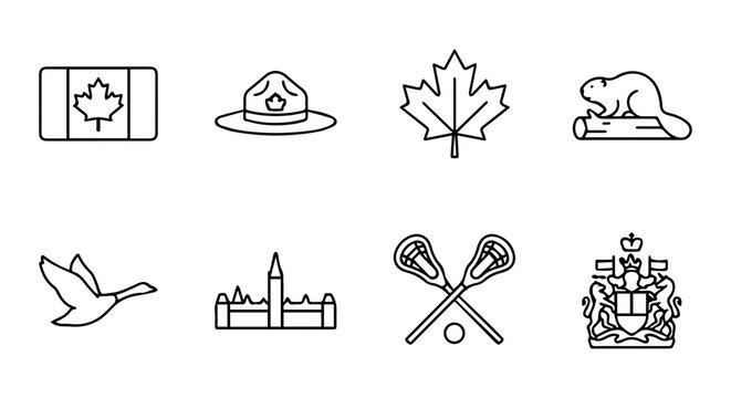 Canadian Icons Vector Set: Maple Leaf, Beaver, Flag, RCMP Hat, Lacrosse, Parliament