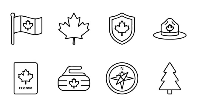 Canadian Icons Vector Set: Maple Leaf, Flag, Passport, Compass, Curling Stone, Tree, RCMP Hat