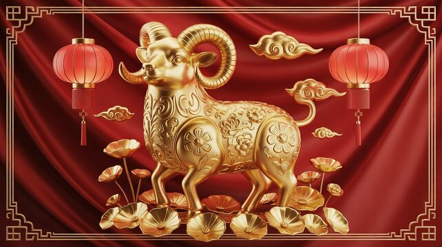 2027 New Year Opulent Golden Ram Sculpture with Floral Carvings Hanging Lanterns and Stylized Clouds Against Rich Red Satin Backdrop for Festive Greeting Designs