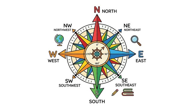 Back to school educational navigation compass diagram with cardinal directions and study icons for classroom learning and orientation