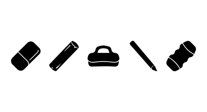 Stationery Icons: Eraser, Pencil, Sharpener, Pen, Rubber Eraser Vector Set