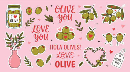 Whimsical collection of cute cartoon olives and phrases on a pink background © Shawon