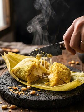 Macro hyperrealistic sensory food photography of humita