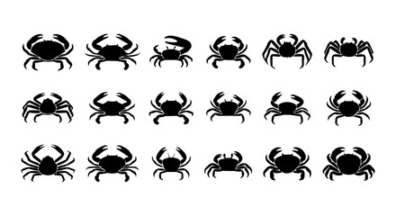 Fototapeta premium Black Crab Icons, Seafood Vector Collection, Marine Life Silhouettes, Ocean Crustacean Set