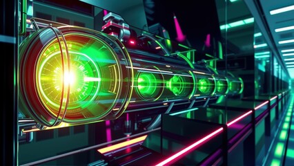 Fototapeta premium Futuristic tunnel, glowing cylinders, neon lights create vibrant perspective. Dark background emphasizes bright illumination. Complex design.