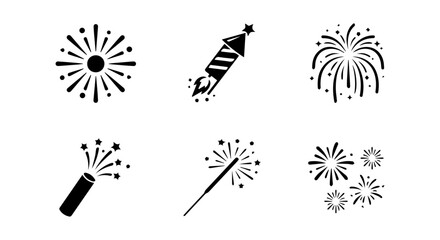 Fireworks Icons, Celebration Pyrotechnics Vector Set, Festive Explosions Graphics © Aktar