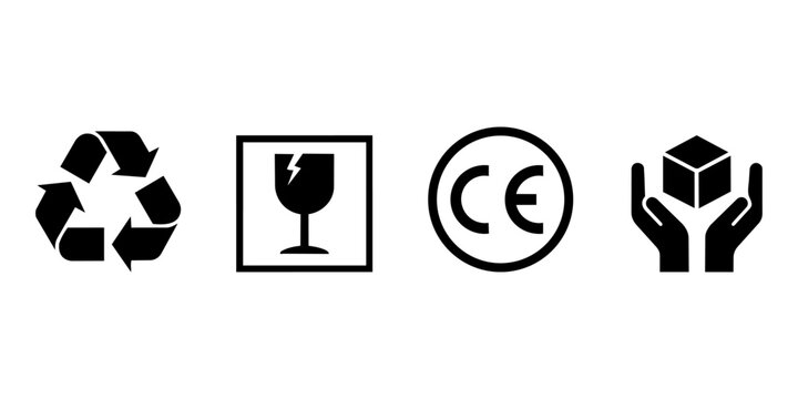 Packaging and shipping icon set, black silhouettes of recycle symbol, fragile broken glass, CE mark, and handle with care 