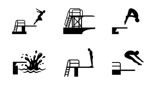 Diving Board Icons Set, Silhouette Swimmers, Aquatic Sports Graphics, Pool Jump Vector Collection