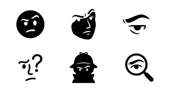 Detective Face Icons, Suspicious Eyes, Question Mark Expression, Mystery Character Set