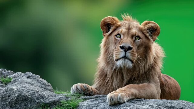 Majestic lion resting on rock with green background