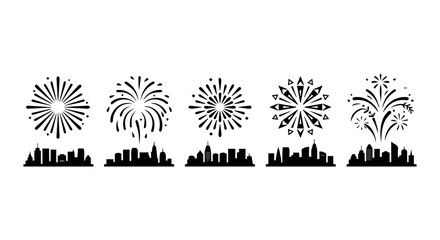 Cityscape Fireworks Collection, Festive Celebration Vector Icons, Urban Night Sky Explosions, Holiday Event Graphics © Mimi