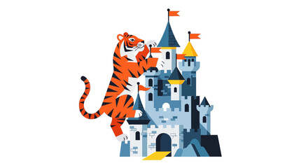 Naklejka premium Tiger climbing a fairytale castle