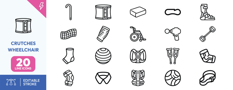Mobility Support Devices icon set. Containing crutches, wheelchair, ankle brace, knee support, walker, forearm crutch, knee immobilizer, foot drop splint, cane. Editable stroke. Vector illustration.