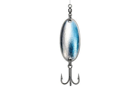 Vintage metal fishing lure with treble hook, shiny silver and blue spoon bait, angling tackle closeup for sport fishing isolated PNG with Transparent Background