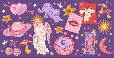 Hand Drawn Celestial Clipart, Mystic Angel Cupid Heart Saturn Planet Moon Eye Purple Leopard, Whimsical Zodiac Icon Set, Boho Sublimation Design © Aime