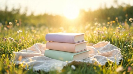Fototapeta premium Stack of colorful vintage books resting on a blanket in a sun-drenched meadow with wildflowers