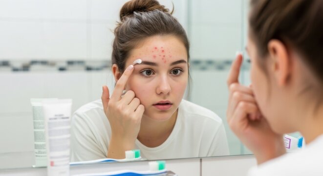 Young Woman Applying Acne Spot Treatment Cream to Forehead Pimples in Bathroom Mirror