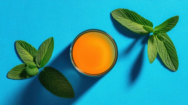 A top view of a glass with orange liquid surrounded by green fresh mint leaves on a vibrant blue solid background surface