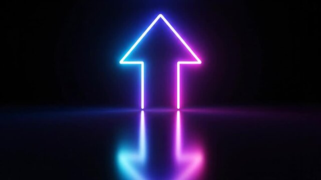 Glowing blue and purple neon arrow pointing up with reflection on dark background