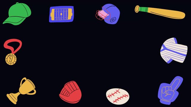 Cute retro sports equipment frame banner design in flat cartoon style. Minimalist border template with large copy space for sports event and championship.