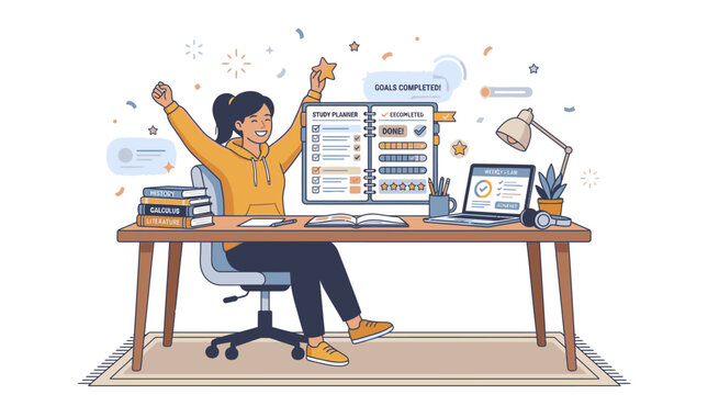 Illustration of a joyful young woman celebrating success at her desk with a computer and laptop in a modern workspace.