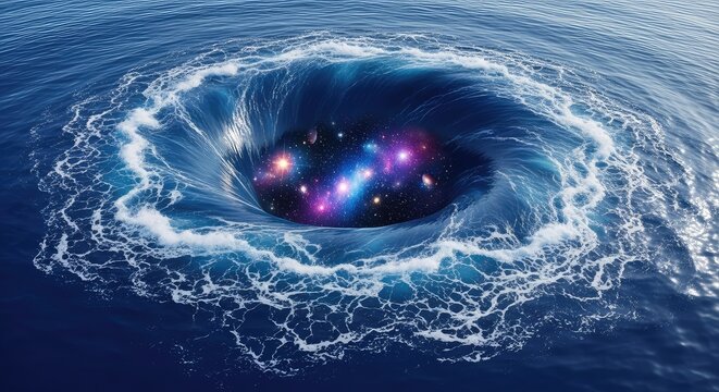 A majestic oceanic vortex swirling in deep blue hues reveals a breathtaking cosmic scene filled with distant stars and glowing nebulae, wallpaper, fluid, space