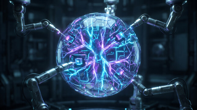 Futuristic Fusion Core with Robotic Arms and Glowing Plasma Energy in Lab