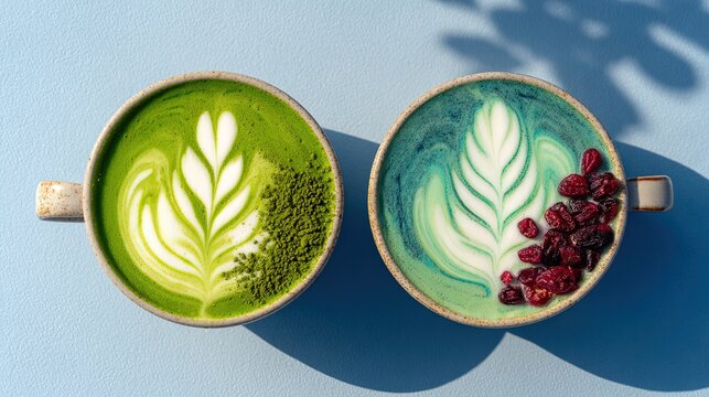 Two ceramic mugs containing green matcha and blue spirulina lattes with leaf patterns on a light blue background