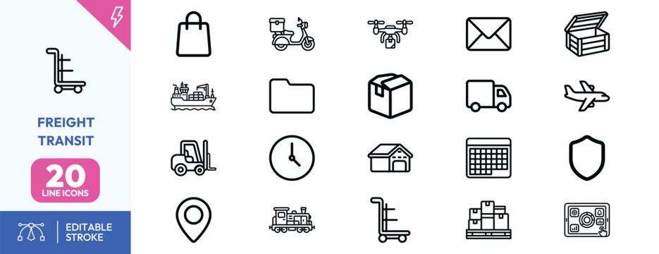 Supply Chain Transit icon set. Containing shopping bag, delivery scooter, drone, mail envelope, open crate, ship, folder, box, truck, airplane, forklift, clock. Editable stroke. Vector illustration.