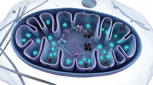 3D Microscopic Diagram of Stalled Mitochondrial ATP Production in Vitamin B1 Deficiency