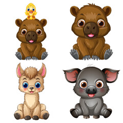 Fototapeta premium Set of Four Cute Cartoon Baby Animals and a Small Duckling
