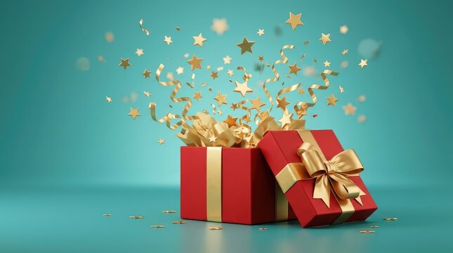 Red gift box exploding with golden stars and shiny ribbons against a soft teal studio background