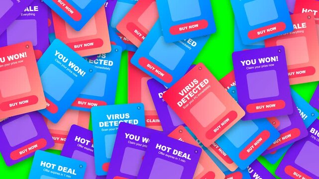 Internet Pop Up Ads Malware Spam Vibrant Flat Motion Graphic Animation Green Screen Chroma Key Overlay for Cyber Security and Digital Marketing