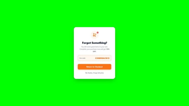 Forgot Something Checkout Abandonment Popup Card Modern 3D Floating UI Interface Animation Chroma Key Green Screen Overlay for E-commerce Marketing and Sales Recovery