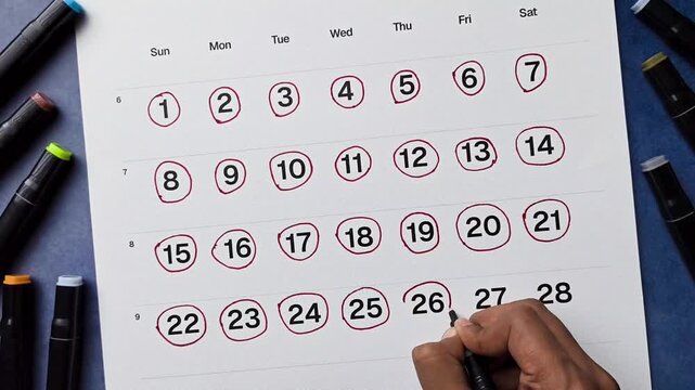 Person marking the 26th date on a calendar with a red marker close up