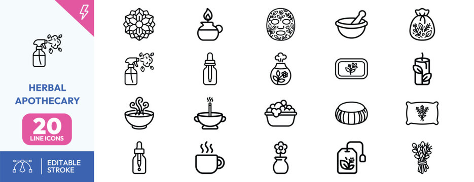 Herbal Remedy Tools icon set. Containing mortar and pestle, herbal sachet, distillation flask, medicinal jar, flower wreath, steam bowl, tea bag, dried herbs. Editable stroke. Vector illustration.