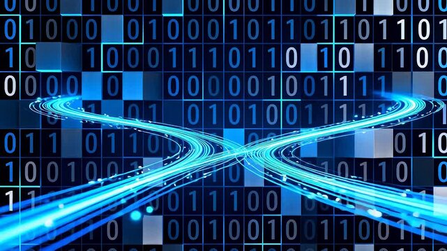 Binary code and glowing light trails