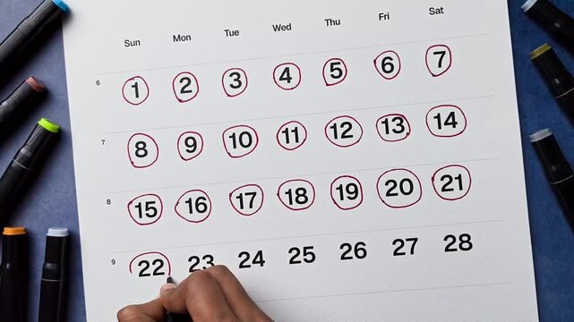 Close up of hand planning and marking the 22nd date on a calendar