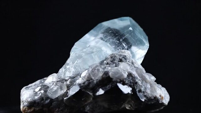 A large crystal formation sits on a reflective surface against a dark background.