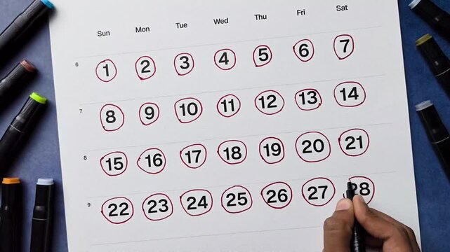Close up of hand planning and marking the 28th date on a calendar