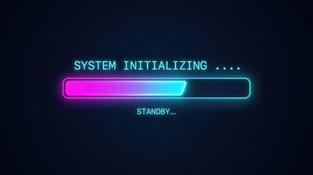 Glowing neon progress bar displaying system initializing text on a dark blue digital interface background