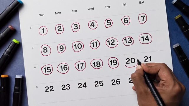 Person marking the 20th date on a calendar with a red marker close up