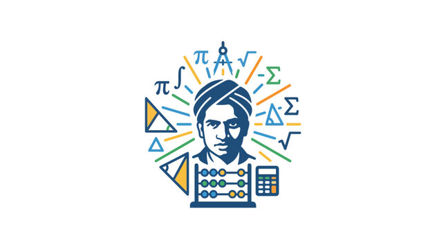 Srinivasa Ramanujan Portrait with Mathematical Symbols and Abacus Illustration