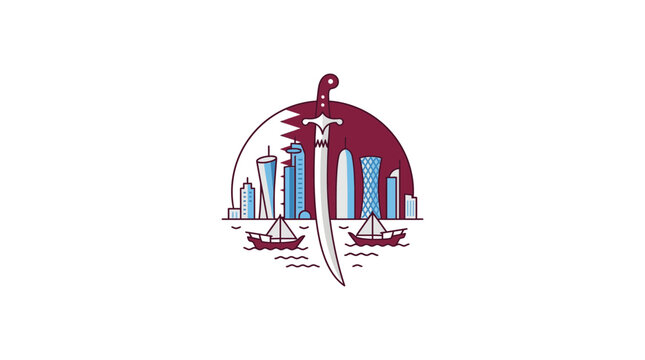 Doha Skyline with Traditional Dhows and Khanjar Sword, Qatar Landmark Vector Art