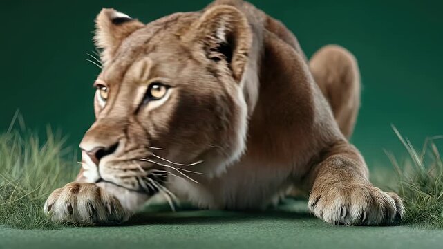 Powerful lioness in predatory crouch against green backdrop with grass detail